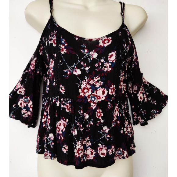 Chloe & Katie Womens Cold Shoulder Black Floral Blouse Short Sleeve Rayon SZ SM - Picture 2 of 9